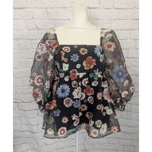 Storia Floral Puff Sleeve Baby Doll Sheer Blouse Jrs Medium Whimsy Garden Class